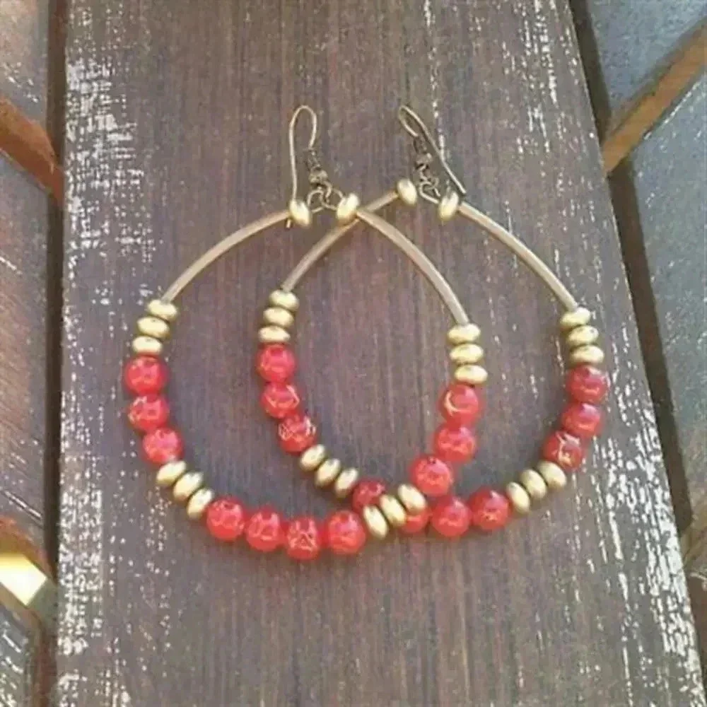 Handcrafted Big Beaded Hoop Earrings Antiqued Brass Warm Red